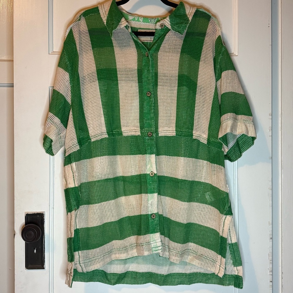 Free People Del Mar Cabana Green and White Striped Button-Up Shirt
